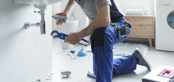 Atelier int&eacute;rieur avec ceinture &agrave; outils en cuir marron contenant divers outils de plomberie et maintenance sur surface bois fonc&eacute;
